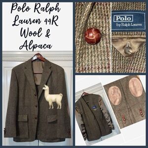 Polo Ralph Lauren Blazer Men 44R Brown Alpaca Wool Leather Knot Buttons Jacket‎